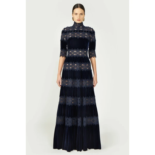 Costarellos Lissie Silk Velvet Gown in Deep Blue | Evening Gowns | Coveti