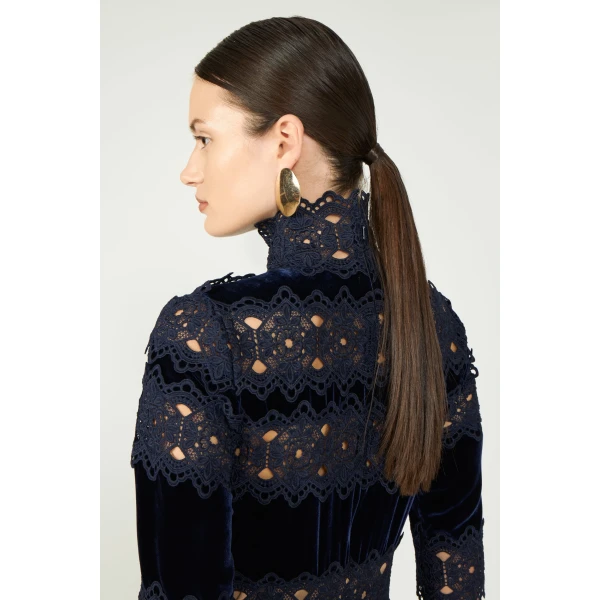 Costarellos Lissie Silk Velvet Gown in Deep Blue | Evening Gowns | Coveti