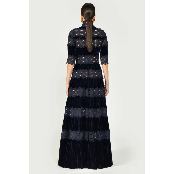 Costarellos Lissie Silk Velvet Gown in Deep Blue | Evening Gowns | Coveti