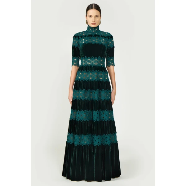 Costarellos Lissie Silk Velvet Gown in Pine Green | Evening Gowns | Coveti