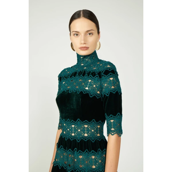 Costarellos Lissie Silk Velvet Gown in Pine Green | Evening Gowns | Coveti