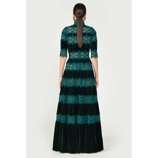 Costarellos Lissie Silk Velvet Gown in Pine Green | Evening Gowns | Coveti
