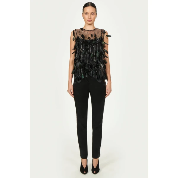 Costarellos Luneth French Tulle Feather Top in Black | Sleeveless | Coveti