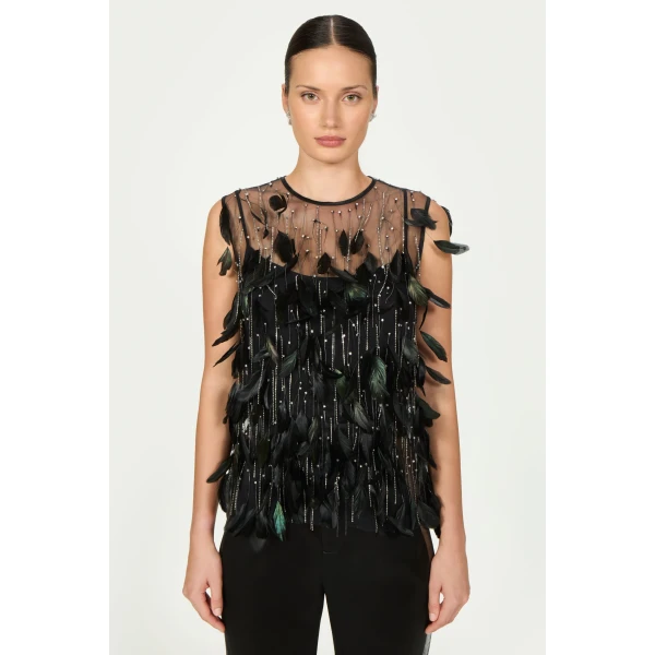 Costarellos Luneth French Tulle Feather Top in Black | Sleeveless | Coveti