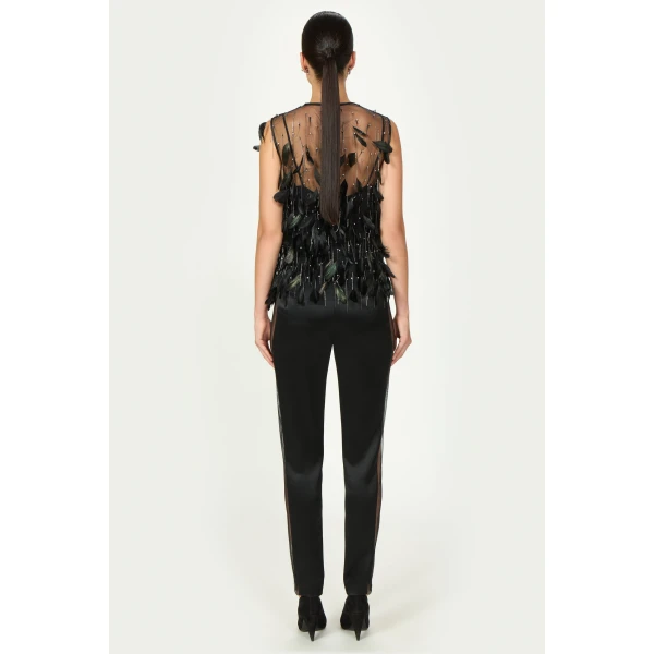 Costarellos Luneth French Tulle Feather Top in Black | Sleeveless | Coveti