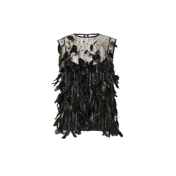 Luneth French Tulle Feather Top in Black
