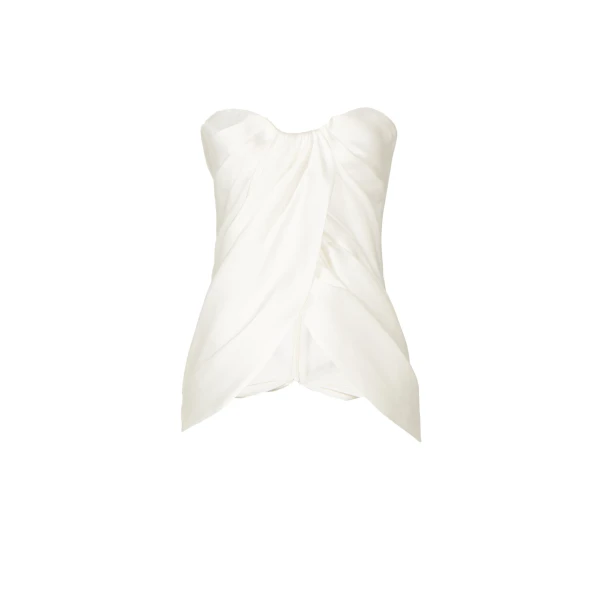 Costarellos Lyza Silk Mikado Draped Strapless Top in Off White | Coveti