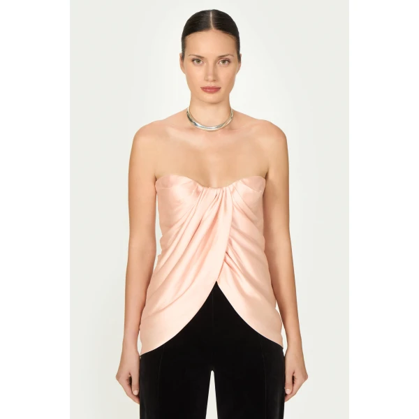 Costarellos Lyza Silk Mikado Draped Strapless Top in Salmon | Tops | Coveti
