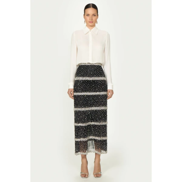 Costarellos Marice Embroidered Crystals Pencil Skirt in Black | Pencil Skirts | Coveti