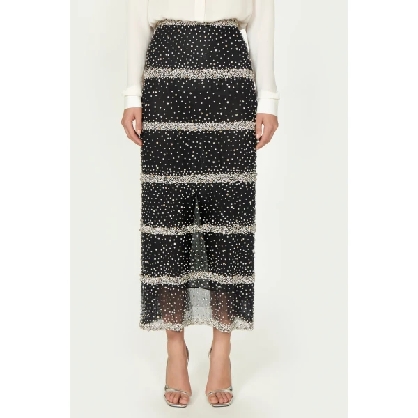 Costarellos Marice Embroidered Crystals Pencil Skirt in Black | Pencil Skirts | Coveti