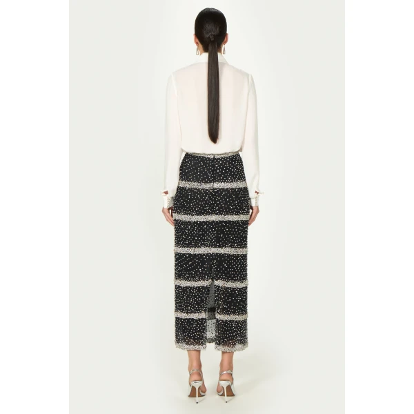 Costarellos Marice Embroidered Crystals Pencil Skirt in Black | Pencil Skirts | Coveti
