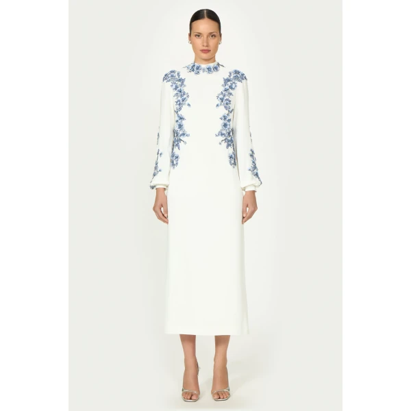 Costarellos Maristelle Crepe Column Dress in Off White | Evening Gowns | Coveti