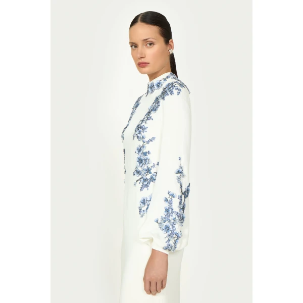 Costarellos Maristelle Crepe Column Dress in Off White | Evening Gowns | Coveti
