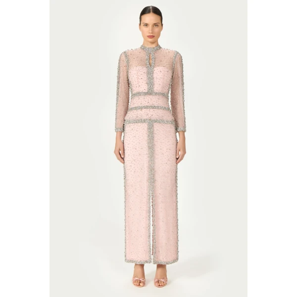 Costarellos Mellorie Embroidered Crystals Gown in Light Rose | Evening Gowns | Coveti