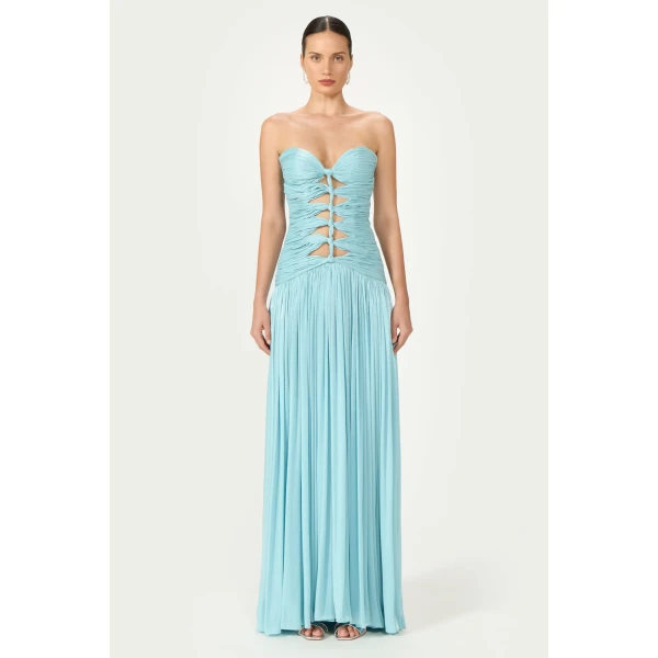 Costarellos Minari Lurex Georgette Strapless Gown in Ciel | Evening Gowns | Coveti