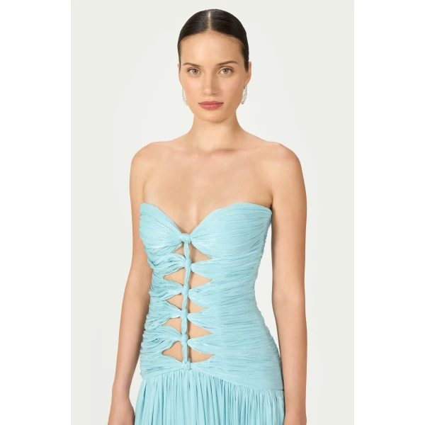 Costarellos Minari Lurex Georgette Strapless Gown in Ciel | Evening Gowns | Coveti