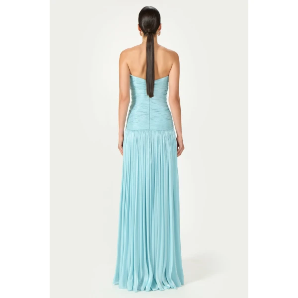 Costarellos Minari Lurex Georgette Strapless Gown in Ciel | Evening Gowns | Coveti