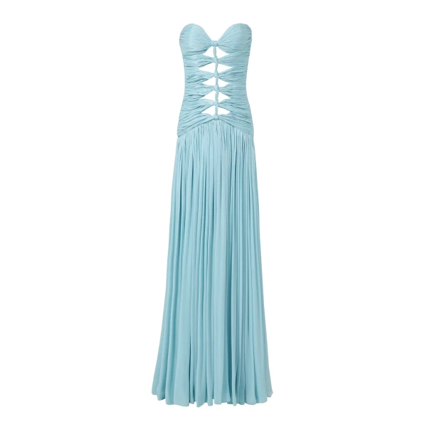 Costarellos Minari Lurex Georgette Strapless Gown in Ciel | Coveti