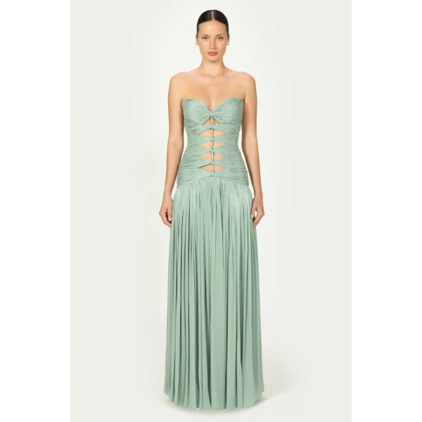 Costarellos Minari Lurex Georgette Strapless Gown in Dusty Mint | Evening Gowns | Coveti