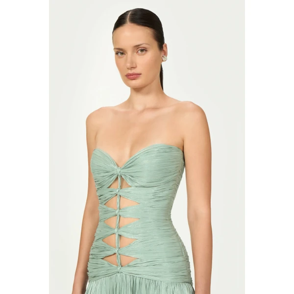 Costarellos Minari Lurex Georgette Strapless Gown in Dusty Mint | Evening Gowns | Coveti