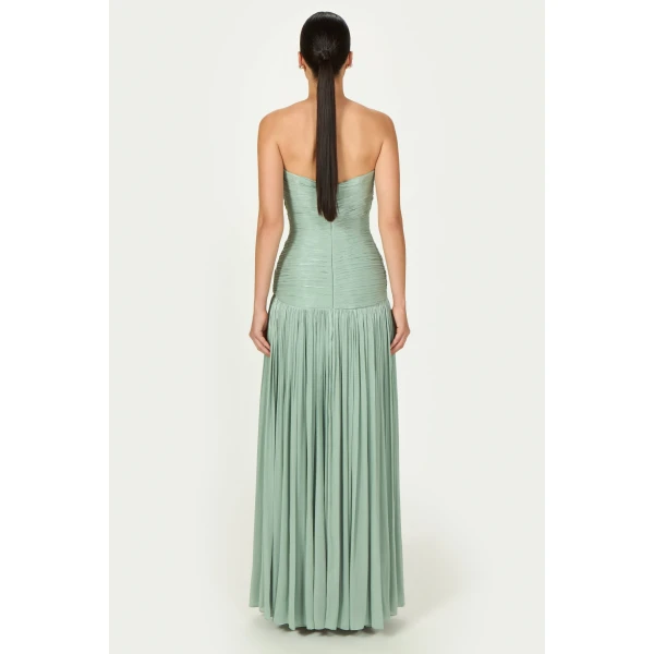 Costarellos Minari Lurex Georgette Strapless Gown in Dusty Mint | Evening Gowns | Coveti