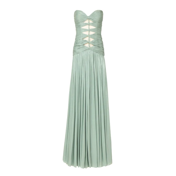 Costarellos Minari Lurex Georgette Strapless Gown in Dusty Mint | Coveti