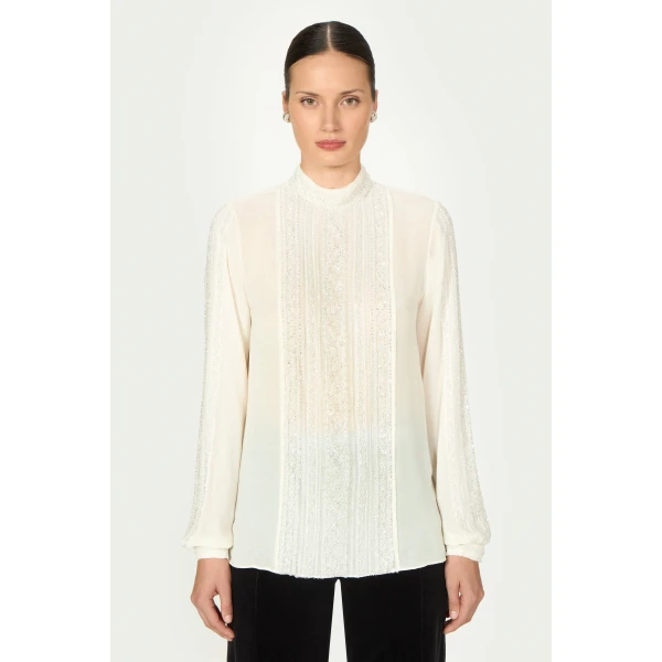 Costarellos Missa Silk Georgette Blouse in Ecru | Blouse | Coveti