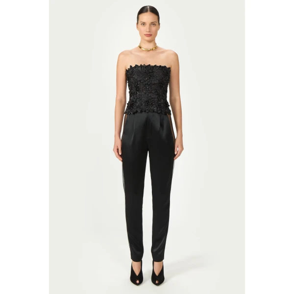 Costarellos Nelia Satin Cigarette Trousers in Black | Tailored pants | Coveti