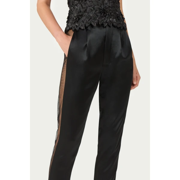 Costarellos Nelia Satin Cigarette Trousers in Black | Tailored pants | Coveti