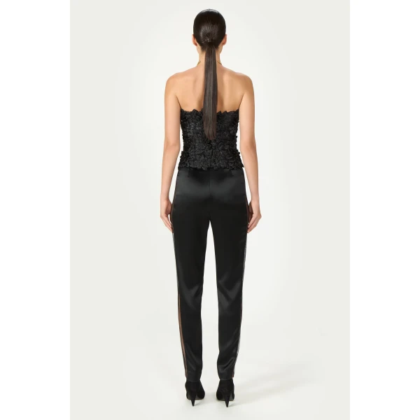 Costarellos Nelia Satin Cigarette Trousers in Black | Tailored pants | Coveti