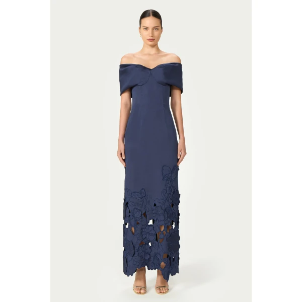 Costarellos Norelle Satin Floral-Cut Off Shoulder Dress in Navy Blue | Evening Gowns | Coveti