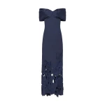 Costarellos Norelle Satin Floral-Cut Off Shoulder Dress in Navy Blue | Coveti