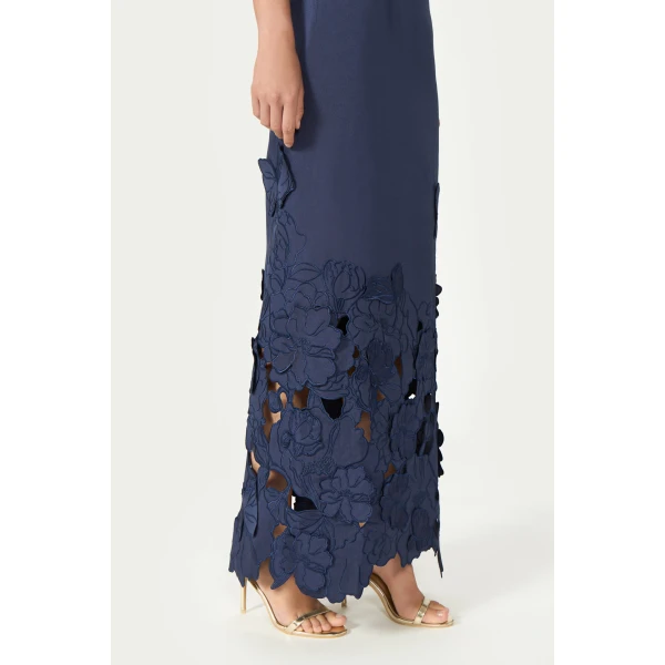 Costarellos Norelle Satin Floral-Cut Off Shoulder Dress in Navy Blue | Evening Gowns | Coveti