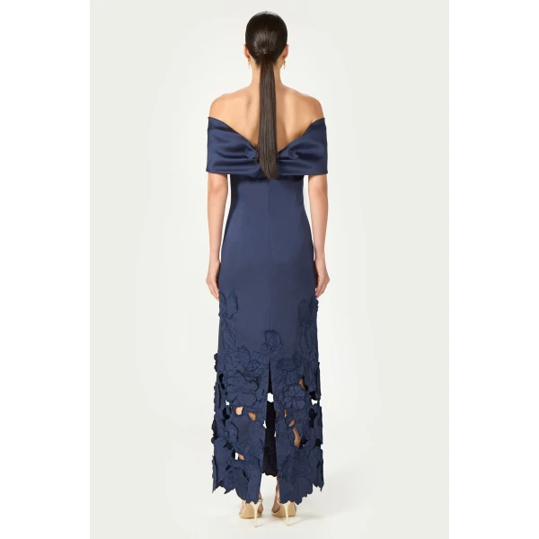 Costarellos Norelle Satin Floral-Cut Off Shoulder Dress in Navy Blue | Evening Gowns | Coveti