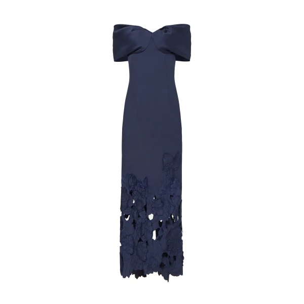 Norelle Satin Floral-Cut Off Shoulder Dress in Navy Blue