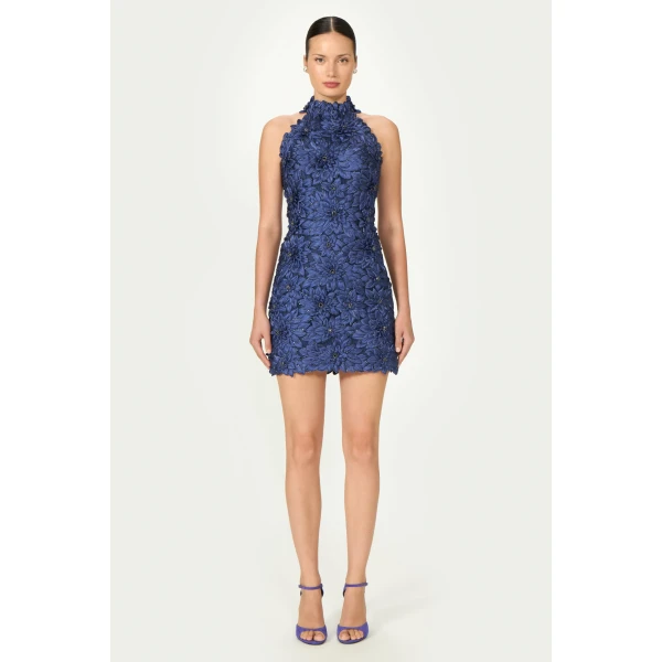 Costarellos Orissa Petal Lurex Satin Halter Mini Dress in Navy Blue | Mini Dresses | Coveti