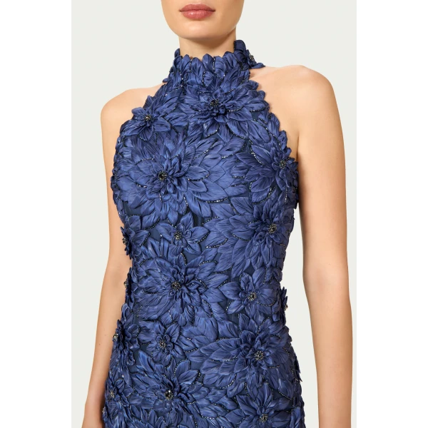 Costarellos Orissa Petal Lurex Satin Halter Mini Dress in Navy Blue | Mini Dresses | Coveti