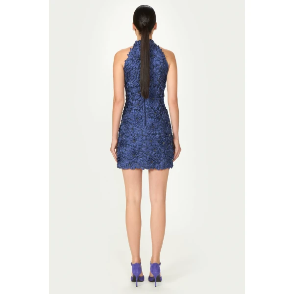Costarellos Orissa Petal Lurex Satin Halter Mini Dress in Navy Blue | Mini Dresses | Coveti
