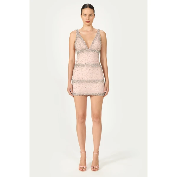 Costarellos Palla French Tulle Crystal Mini Dress in Light Rose | Mini Dresses | Coveti