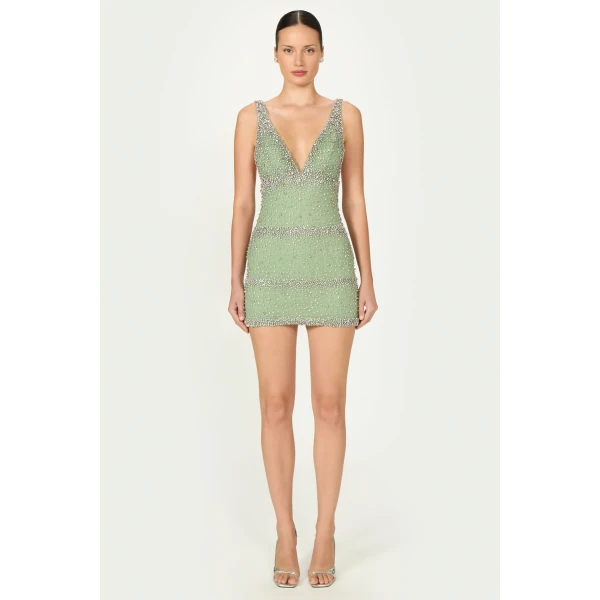Costarellos Palla French Tulle Crystal Mini Dress in Sage Green | Mini Dresses | Coveti