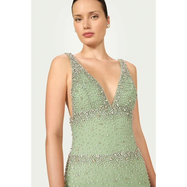 Costarellos Palla French Tulle Crystal Mini Dress in Sage Green | Mini Dresses | Coveti