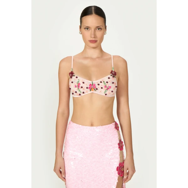 Costarellos Primma Tulle Embellished Bralette in Pink | Cropped Top | Coveti