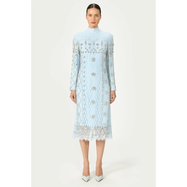 Costarellos Shayna Beaded French Lace Crepe Midi Dress in Light Blue | Midi Dresses | Coveti