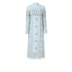 Costarellos Shayna Beaded French Lace Crepe Midi Dress in Light Blue | Coveti