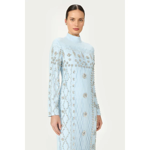 Costarellos Shayna Beaded French Lace Crepe Midi Dress in Light Blue | Midi Dresses | Coveti