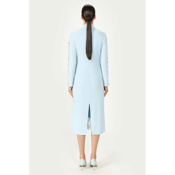 Costarellos Shayna Beaded French Lace Crepe Midi Dress in Light Blue | Midi Dresses | Coveti