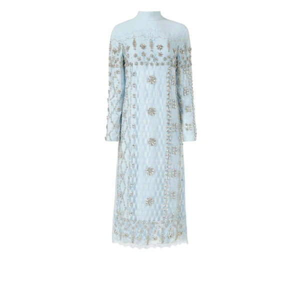 Costarellos Shayna Beaded French Lace Crepe Midi Dress in Light Blue | Coveti