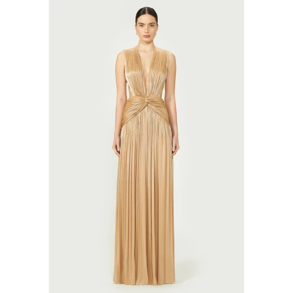 Costarellos Silla Lurex Georgette Gown in Beige Gold | Evening Gowns | Coveti