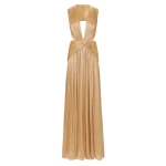 Costarellos Silla Lurex Georgette Gown in Beige Gold | Coveti
