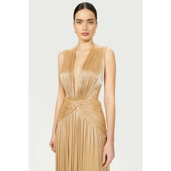 Costarellos Silla Lurex Georgette Gown in Beige Gold | Evening Gowns | Coveti
